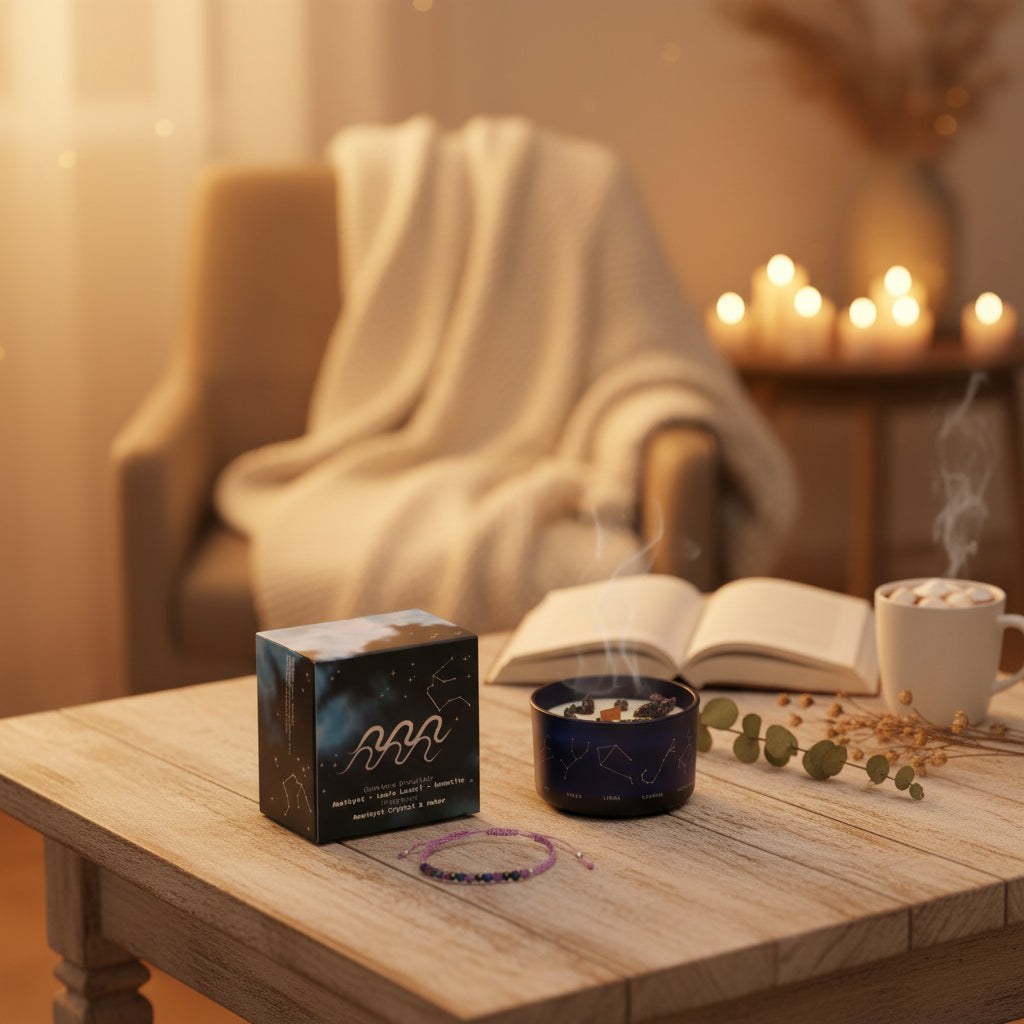 Sternzeichen-Kerze Wassermann mit Kristall-Armband – Beruhigender Duft für Visionäre – 50 Stunden natürlicher Duftgenuss