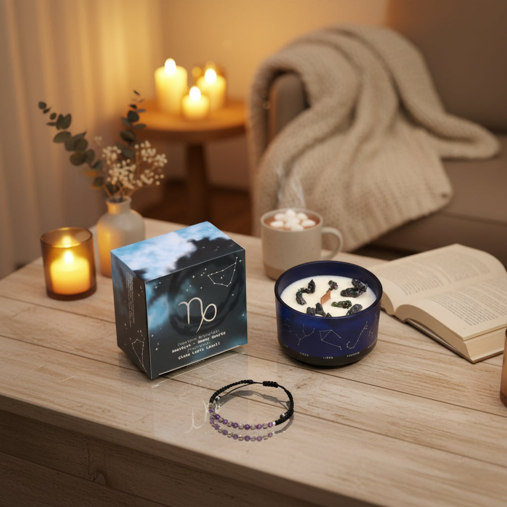 Sternzeichen-Kerze Steinbock mit Kristall-Armband – Eleganter Duft für Fokus – 50 Stunden natürlicher Duftgenuss