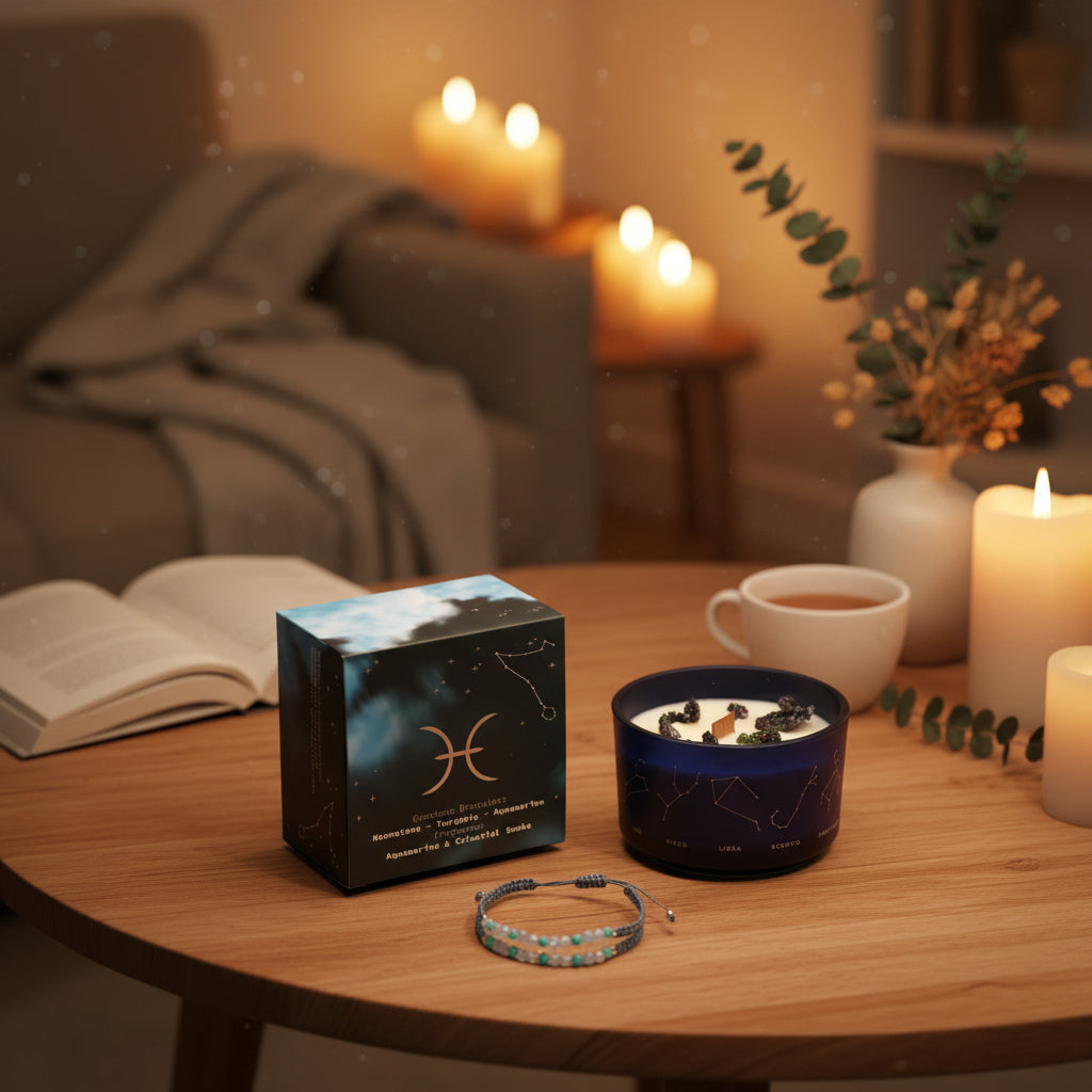 Sternzeichen-Kerze Fische mit Kristall-Armband – Beruhigender Duft für Träume – 50 Stunden natürlicher Duftgenuss