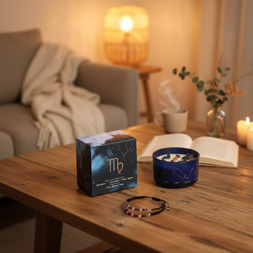 Sternzeichen-Kerze Jungfrau mit Kristall-Armband – Erdender Duft für Klarheit – 50 Stunden natürlicher Duftgenuss