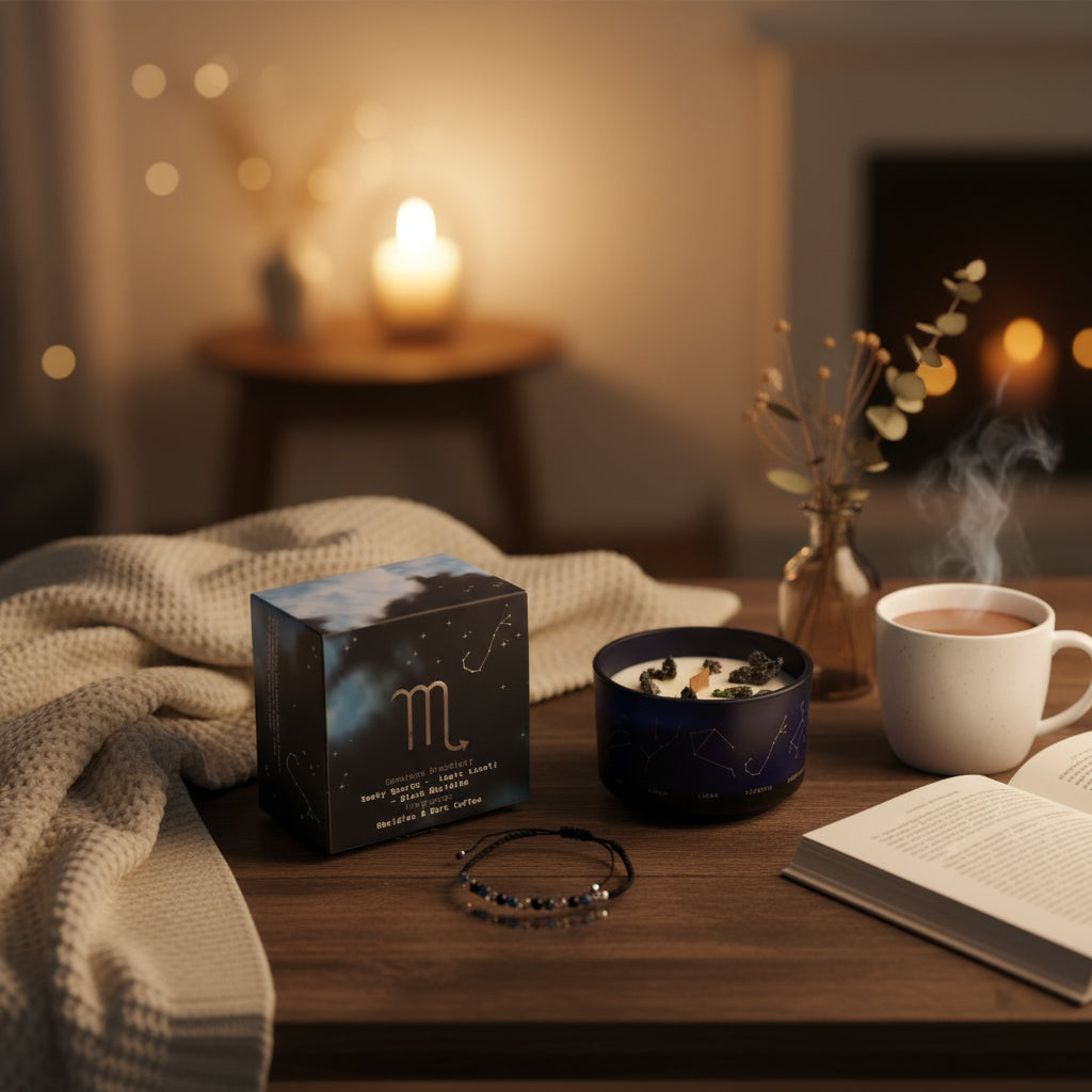 Sternzeichen-Kerze Skorpion mit Kristall-Armband – Intensiver Duft für Transformation – 50 Stunden natürlicher Duftgenuss