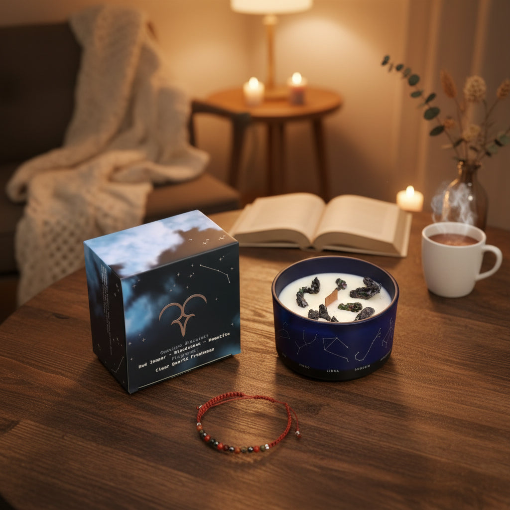 Sternzeichen-Kerze Widder mit Kristall-Armband – Belebender Duft für Mut – 50 Stunden natürlicher Duftgenuss