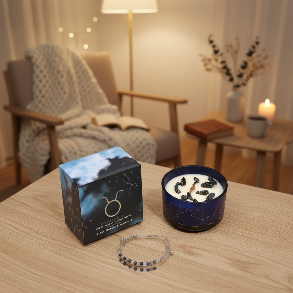 Sternzeichen-Kerze Stier mit Kristall-Armband – Erdender Duft für Harmonie – 50 Stunden natürlicher Duftgenuss