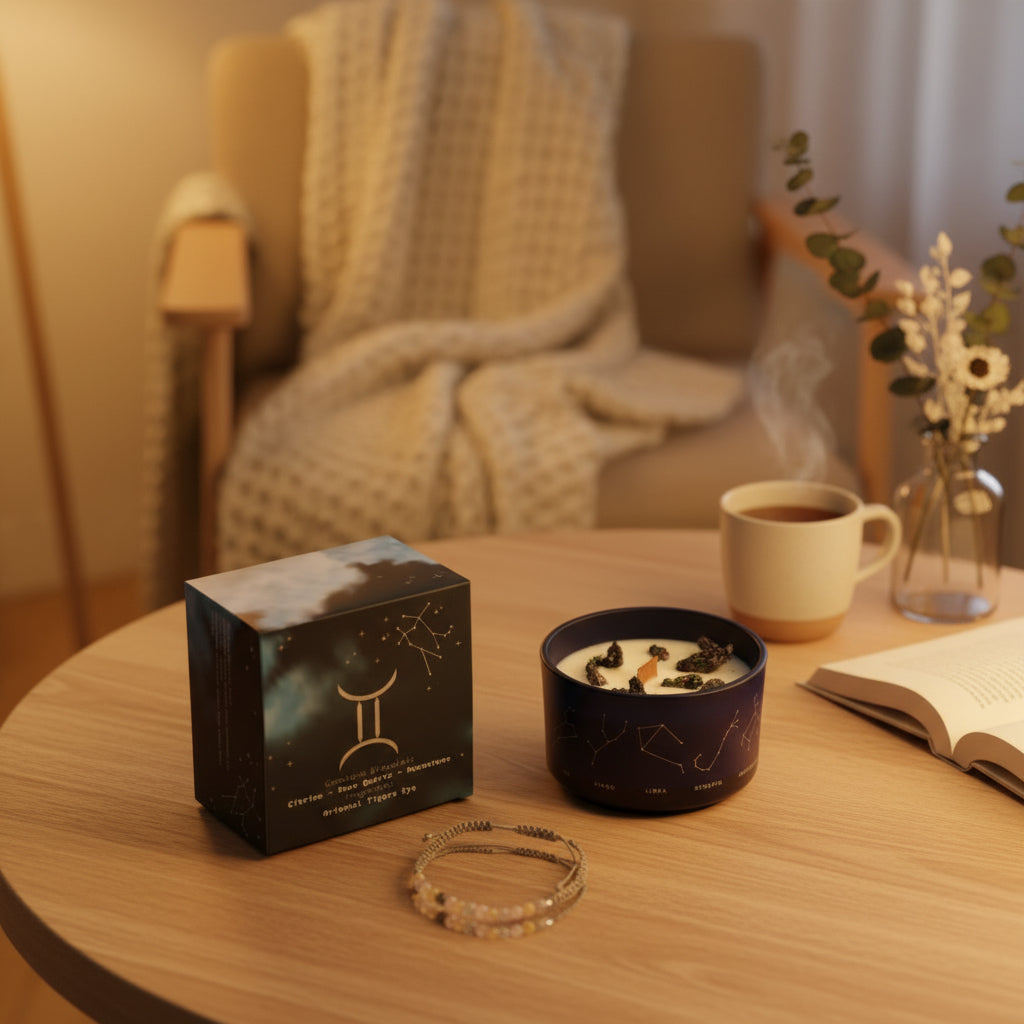 Sternzeichen-Kerze Zwillinge mit Kristall-Armband – Wärmender Duft für Vielseitigkeit – 50 Stunden natürlicher Duftgenuss