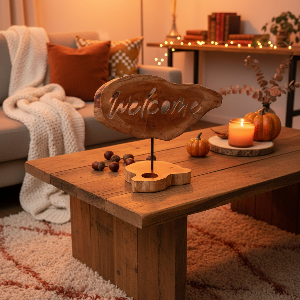 Welcome Teelichthalter aus Holz – Natürliche Wärme & Willkommensstimmung (ca. 15 × 15 × 3 cm)