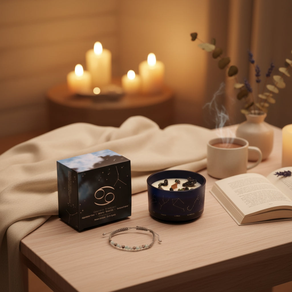 Sternzeichen-Kerze Krebs mit Kristall-Armband – Beruhigender Duft für Intuition – 50 Stunden natürlicher Duftgenuss