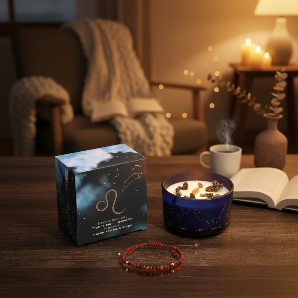 Sternzeichen-Kerze Löwe mit Kristall-Armband – Belebender Duft für Strahlkraft – 50 Stunden natürlicher Duftgenuss