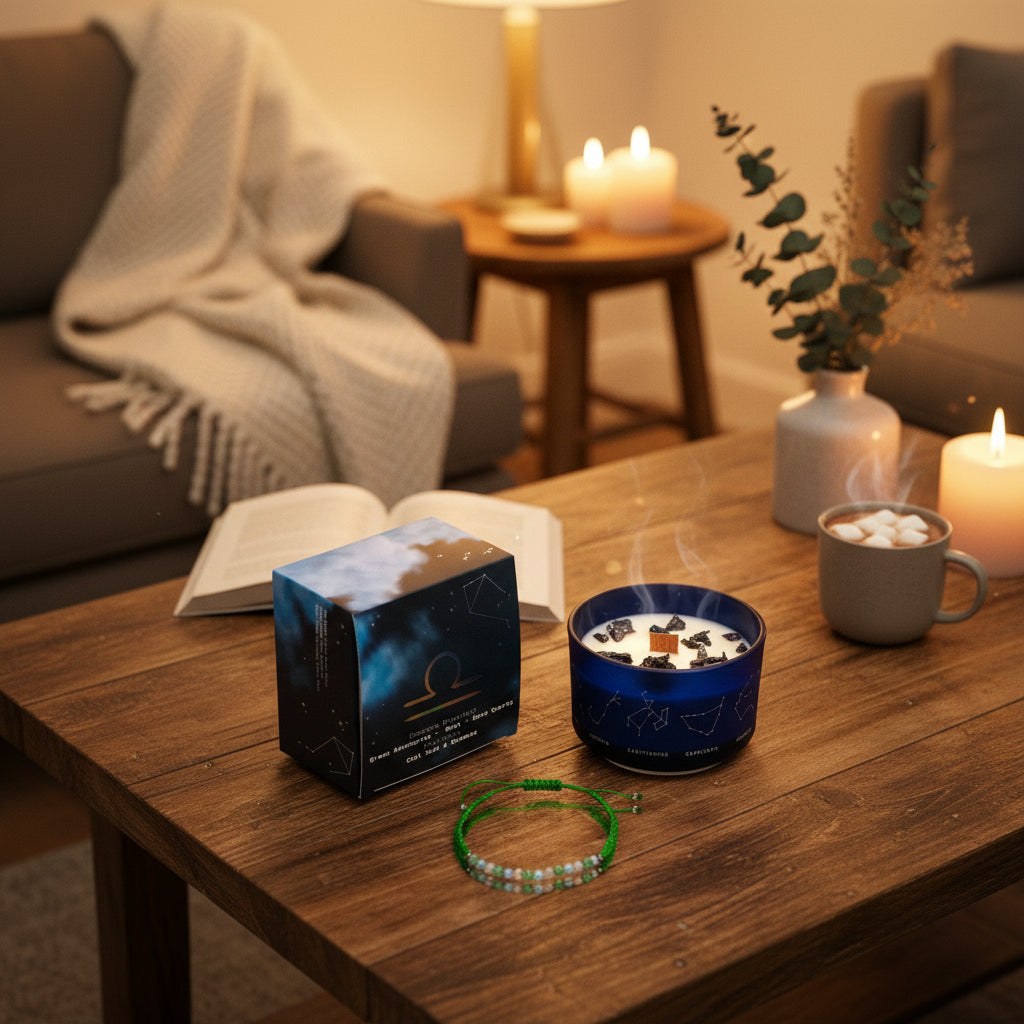 Sternzeichen-Kerze Waage mit Kristall-Armband – Harmonischer Duft für Gleichgewicht – 50 Stunden natürlicher Duftgenuss