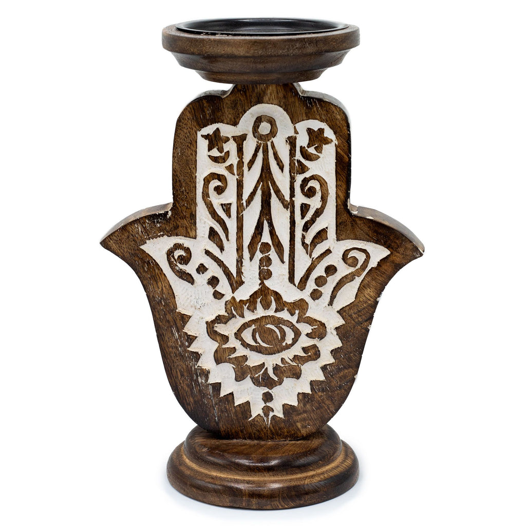 Hamsa Mangoholz Kerzenhalter– Spiritueller Schutz & Natürliche Eleganz (25 × 18 cm)