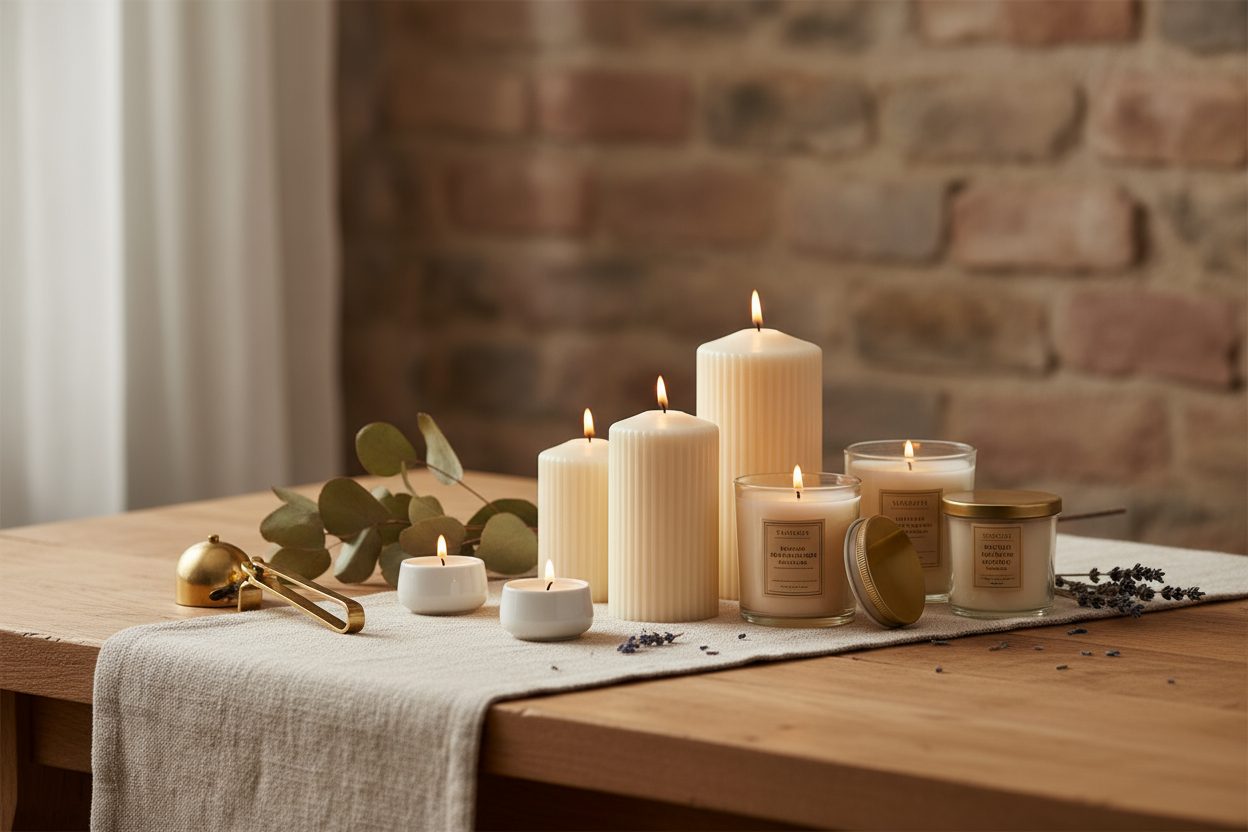 Elegantes und gemütliches Header-Bild für einen Online-Shop für Kerzen. Zeige hochwertige Duftkerzen, Stumpenkerzen und Teelichter, arrangiert auf einem warmen, natürlichen Hintergrund. Sanftes, stimmungsvolles Licht, minimalistisch, moderne Ästhetik, warme Farbtöne wie Beige, Creme und sanftes Gold. Atmosphäre: einladend, gemütlich, hochwertig, europäisch inspiriert. Fokus auf Produkte, klare Komposition