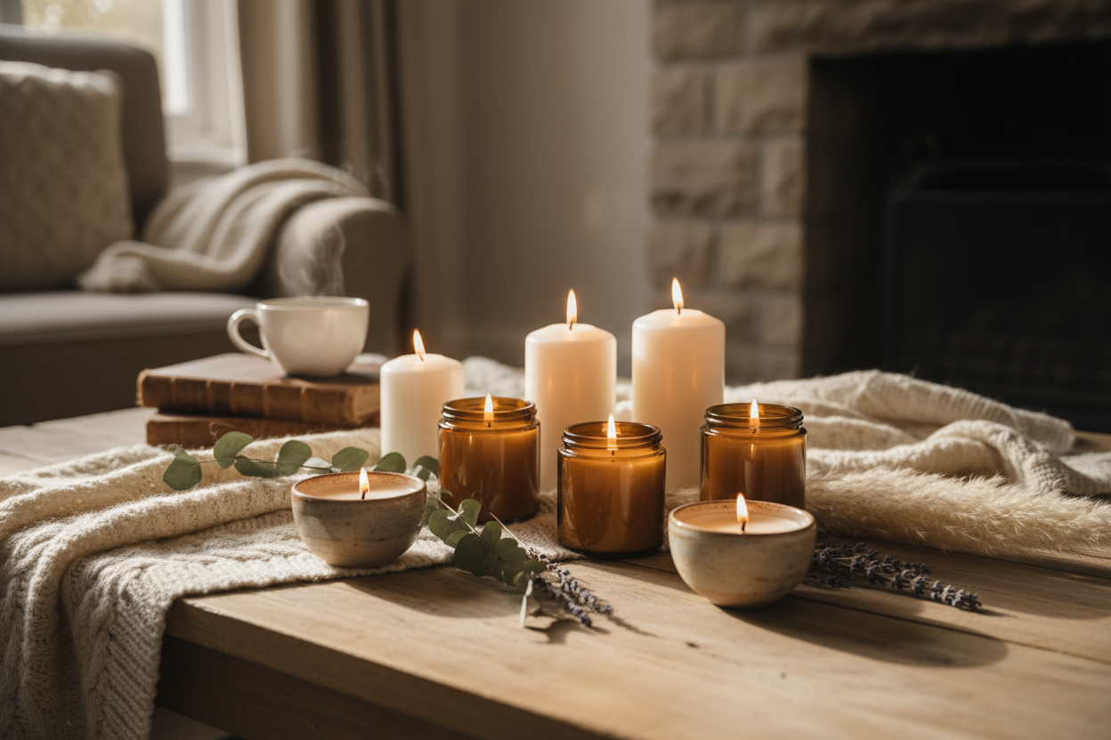 Kannst du eine sammlung von duftkerzen im schönen setting in einer gemütlichen kulisse mit sanftem schattenwurf erstellen?